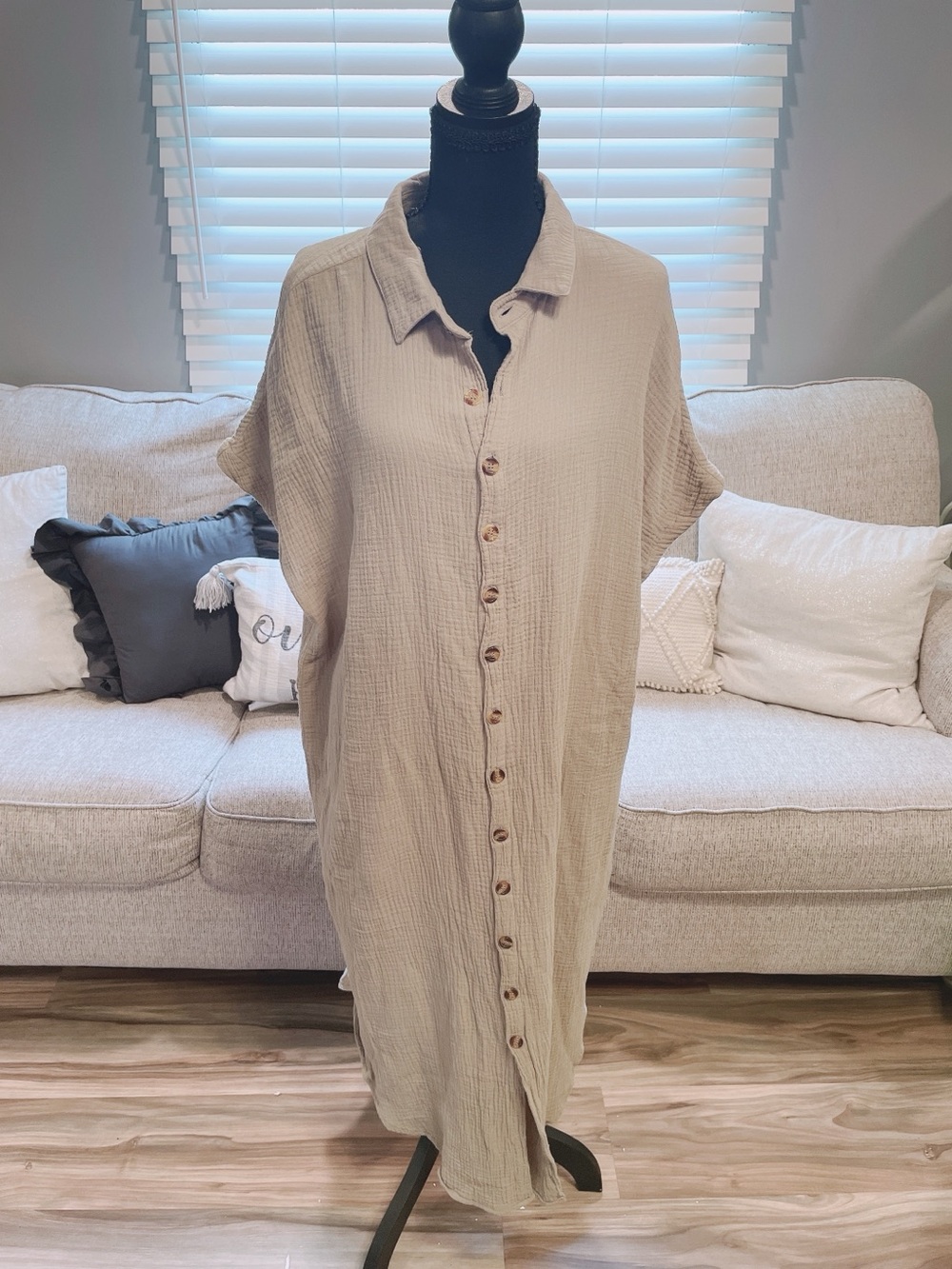 Beige Button Down Midi Dress Size XL